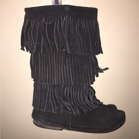 Toddler girls 7.5 / 8 Genuine Minnetonka black suede Fringe Boots - Picture 2 of 6